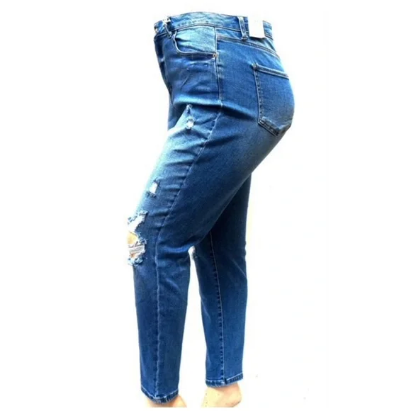 Women Wax Plus Size Blue Ripped Mom Jeans 90250 XL - Picture 3 of 5